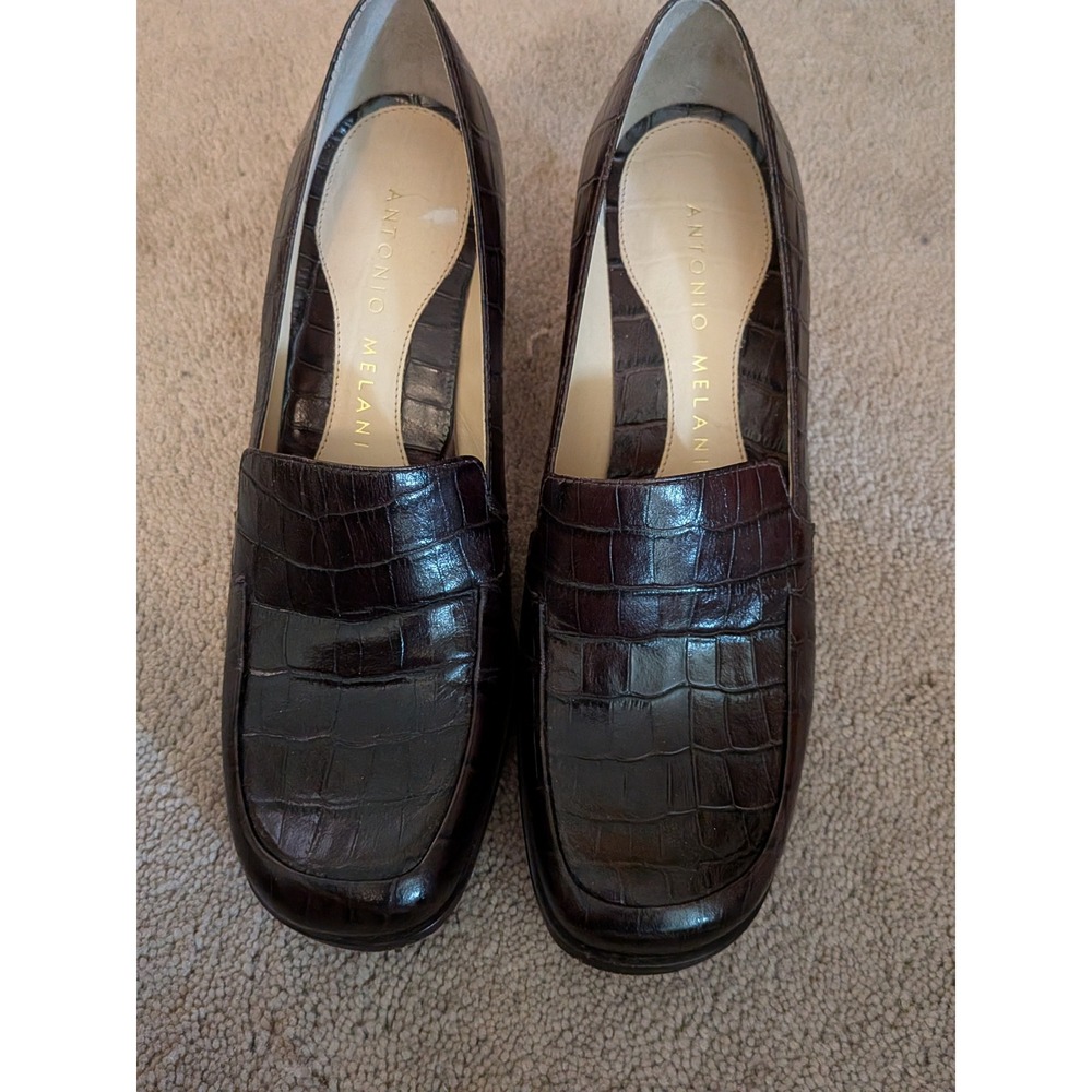 Antonio Melani Pretty Brown Croc Leather Block Heel Loafers Square Toe Pumps 8M